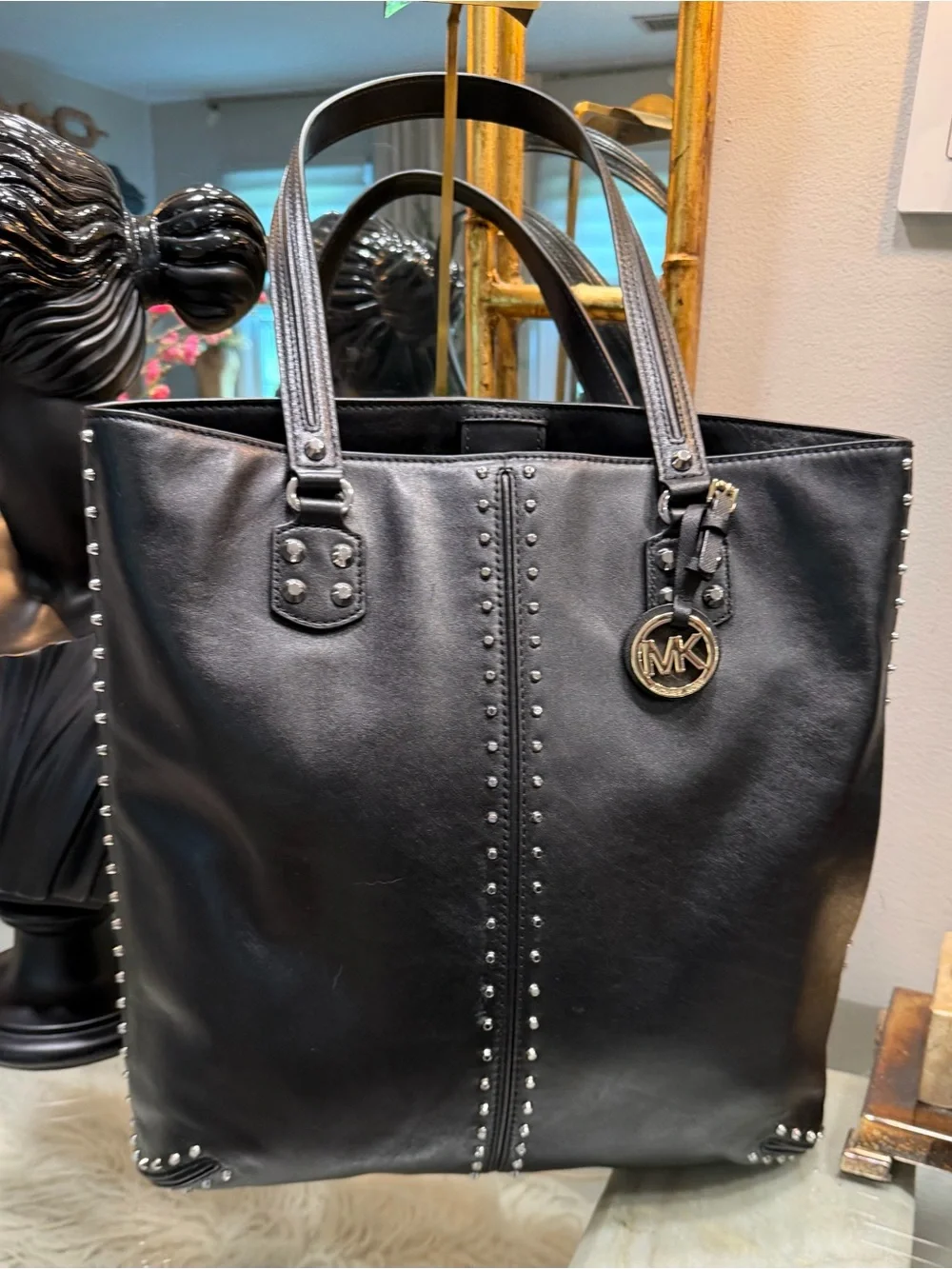Michael Kors Black Leather Studded Chic Top Handle Tote NWOT